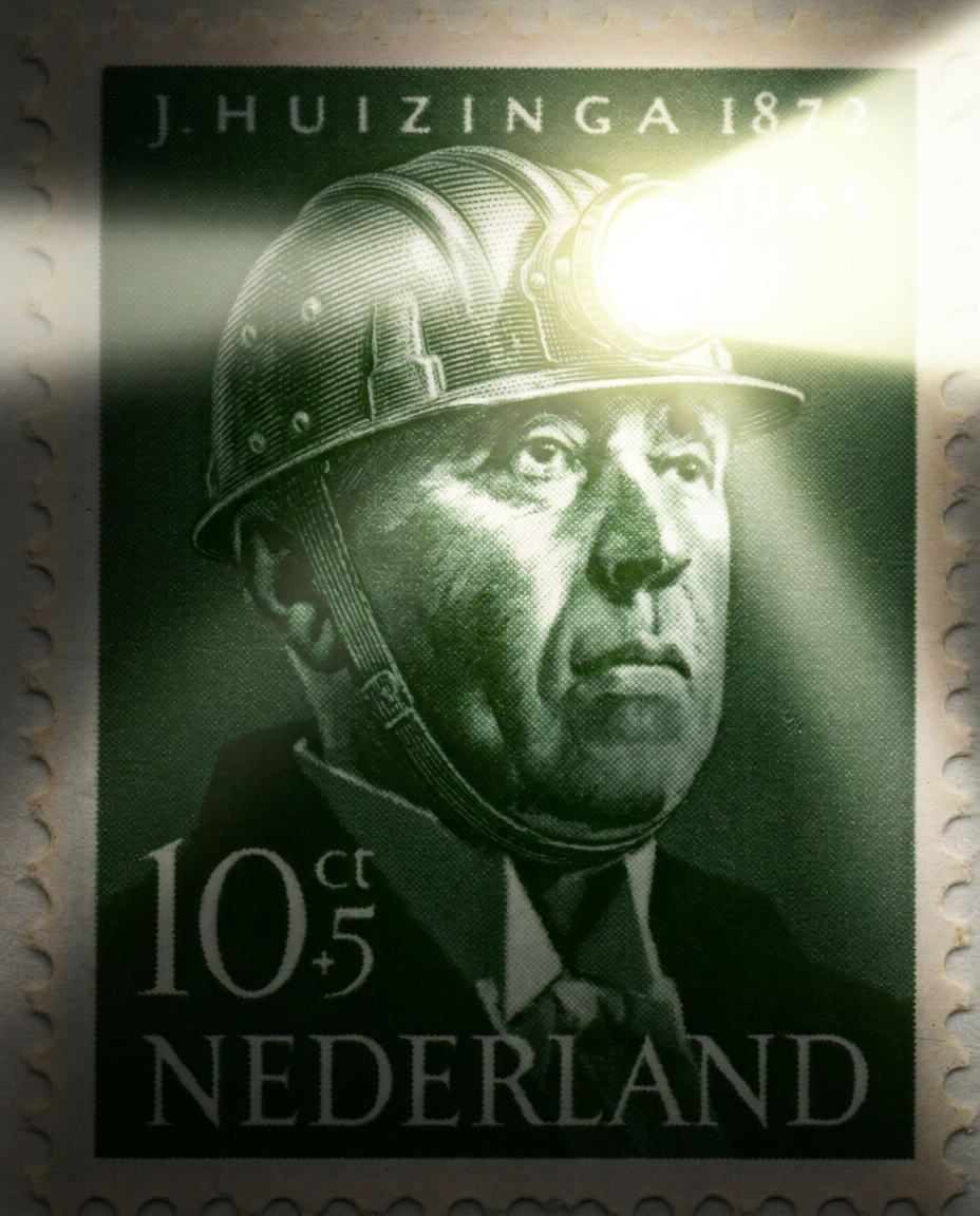 Postzegel Johan Huizinga 1872-1945 met mijnwerkershelm
