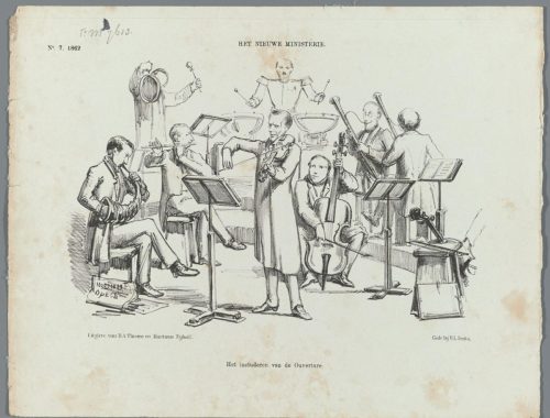 Spotprent: de ministers van het tweede kabinet-Thorbecke als orkest dat een stuk instudeert. Thorbecke staat in het midden en speelt eerste viool; om hem heen ministers met hoorn, fluit, cello en koperblazers bij hun lessenaars, achter hen een figuur in uniform bij de pauken.