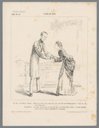Spotprent: een lange, magere Thorbecke in geklede jas houdt de handen vast van een jonge vrouw met lang haar en een diadeem met het jaartal 1848, die naar hem opkijkt. Onderschrift: de minister zegt dat zij met 23 jaar meerderjarig is en zo moet blijven; de Grondwet antwoordt dat zij zijn ideeën niet langer kan volgen en toe is aan eigen ontwikkeling en vooruitgang.